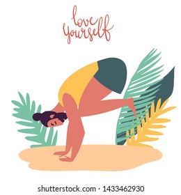 Hand drawn minimal vector illustration of cartoon man character doing yoga asana pose outside in nature with backgroud of tropical leafs and plants.