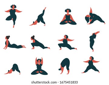 Hand drawn minimal vector illustration of cartoon women doing yoga various asana pose. Flat style icon character set isolated on white.