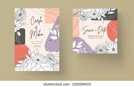 Hand drawn minimal wedding invitation floral with abstract background