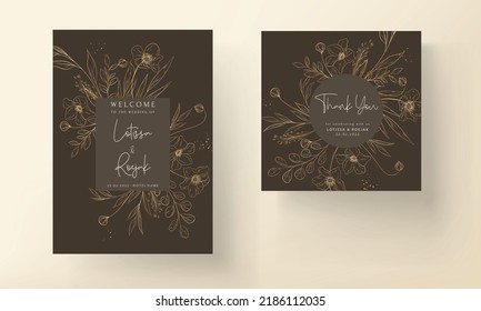 Hand Drawn Minimal Wedding Invitation Template With Elegant Gold Floral