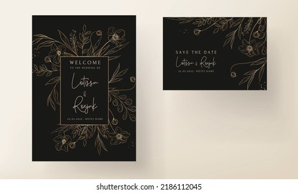 Hand Drawn Minimal Wedding Invitation Template With Elegant Gold Floral