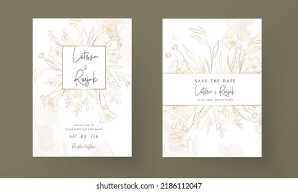 Hand Drawn Minimal Wedding Invitation Template With Elegant Gold Floral