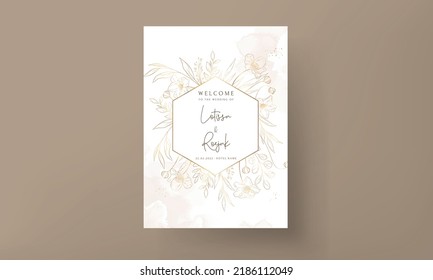 Hand Drawn Minimal Wedding Invitation Template With Elegant Gold Floral