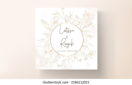 Hand Drawn Minimal Wedding Invitation Template With Elegant Gold Floral