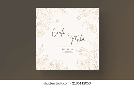 Hand Drawn Minimal Wedding Invitation Template With Elegant Gold Floral