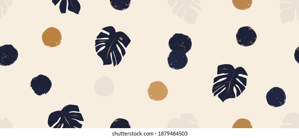 Hand drawn minimalist abstract dot pattern. Exotic jungle plant illustration. Creative collage contemporary seamless pattern. Fashionable template for design.