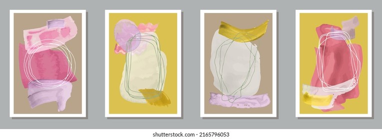 Hand drawn minimalist banners vector set. Watercolor splats texture. 50s style design. Stylish home decor templates. Scribble elements.