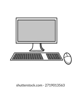 Ordenador de escritorio minimalista dibujado a mano con el teclado del monitor y el ratón aislados en blanco