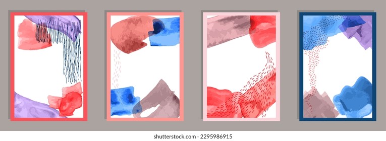 Hand drawn minimalist covers vector collection. Watercolor stains patterns. Japanese style design. Youth wall poster templates. Doodle elements.