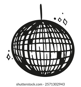 Hand drawn minimalist disco ball glass sparkling elements isolated sticker in whimsical monochrome retro vintage style.