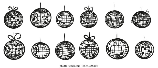 Hand drawn minimalist disco ball glass sparkling elements isolated sticker in whimsical monochrome retro vintage style.