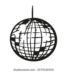 Hand drawn minimalist disco ball glass sparkling elements isolated sticker in whimsical monochrome retro vintage style.