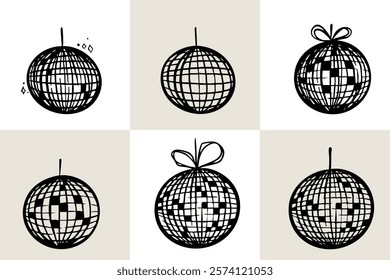 Hand drawn minimalist disco ball glass sparkling elements isolated sticker in whimsical monochrome retro vintage style.