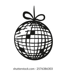 Hand drawn minimalist disco ball glass sparkling elements isolated sticker in whimsical monochrome retro vintage style.