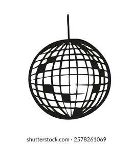 Hand drawn minimalist disco ball glass sparkling elements isolated sticker in whimsical monochrome retro vintage style.