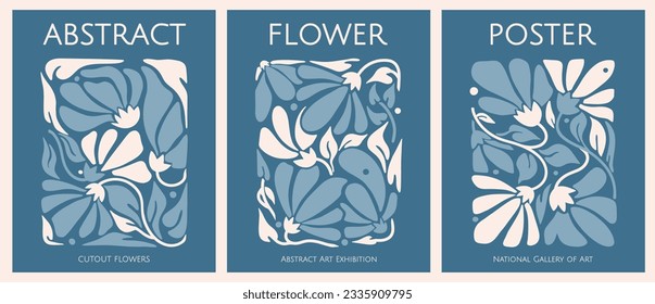 Hand drawn minimalist floral shapes. Abstract aesthetic of mid-century modern art. Retro monochrome posters. Rough wavy natural shapes. 60's-70's style graphics. Natural blue-gray tone.