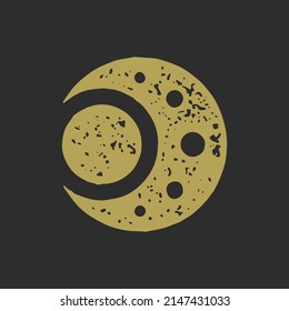 Hand drawn minimalist half moon with circle sun decorative abstract design grunge texture vector illustration. Mythic esoteric amulet symbol of balance universe, astronomy, galaxy, open space on black