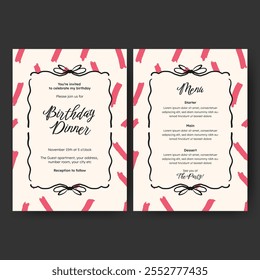 Hand drawn minimalist invitation dinner menu template design for valentine, birthday or wedding