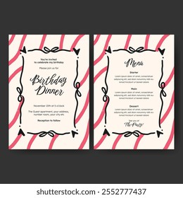 Hand drawn minimalist invitation dinner menu template design for valentine, birthday or wedding