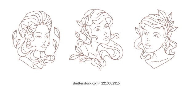 Hand drawn minimalist logo set Greek antique woman bust with design decorative butterfly and branches vector illustration. Female face monument monochrome simple line art logo isolated on white
