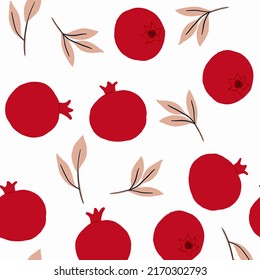 Hand drawn minimalist pomegranate elements seamless pattern. Nature plant branch for wallpaper, t-shirt, invitation, print, poster, pattern, textile, fabric, backdrop.