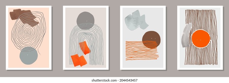 Handgezeichnete minimalistische Postkarten, Vektorset. Aquarell-Abstriche. Drucke im nordischen Stil. Die Einrichtung des Cool House. Pinselstriche.