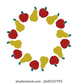 Hand drawn Minimalist Red Apple and Pear Circular Autumn Holidays Frame Border Copy space Template