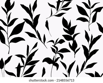 Hand drawn minimalist silhouette flower elements seamless pattern. Tropical plant branch for wallpaper, logo, t-shirt, invitation, print, poster, stickers, pattern, textile, fabric, backdrop.