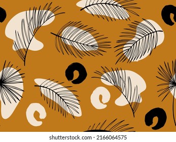 Hand drawn minimalist silhouette tropical palm leaves seamless pattern. Tropical plant branch for wallpaper, logo, t-shirt, invitation, print, poster, pattern, textile, fabric, backdrop.