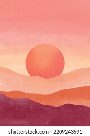 Hand drawn minimalist sunset poster, vector