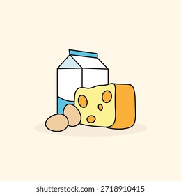 Hand drawn minimalist vector illustration of healthy dairy products including milk, cheese, and eggs on a cream background