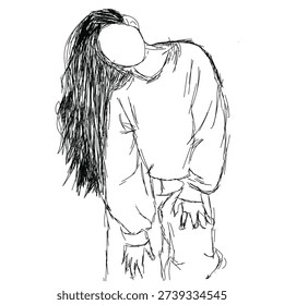 Hand Drawn Minimalist Vector Illustration of a Girl with Long Hair in Oversized Sweatshirt, Aesthetic Line Art Sketch.
