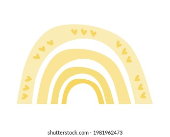 Hand drawn minimalist yellow boho rainbow. Love rainbow for baby cards and posters. Boho nursery rainbow print, for baby bedroom and playroom. Stock vector illustration isolated on white background.