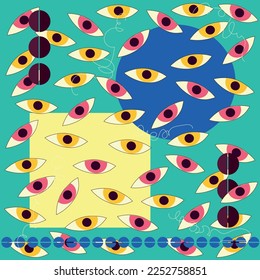 Hand drawn minimalistic abstract pattern. Vector image of stylistic eyes and geometric shapes. Collage for modern print. Fashion template for design.