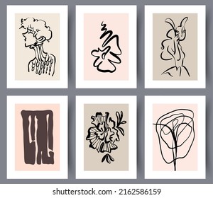 Hand drawn minimalistic art wall poster and banners set. Collection of Nordic abstract wall designs for interior decoration. Vector illustration. 