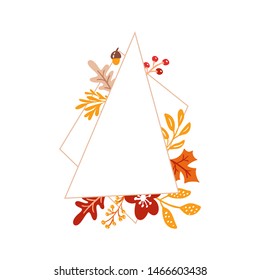 Hand drawn minimalistic autumn frame with leaves and geometric elements on white background. vector illustration Doodle style. Fall Thanksgiving design icon print, logo poster, symbol decor