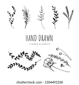 Hand Drawn Minimalistic and Floral Template for photographer, fashion blogger, design studio, interior design. Branding identity collection . Floral feminine element. flowers clipart