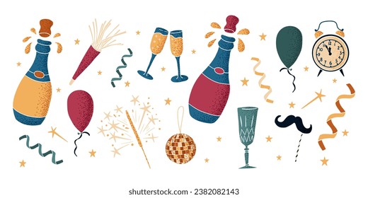 Hand drawn minimalistic New Year party decoration. Flat vector isolated elements with dotted texture on white background. Good for decoration, stickers, pattern