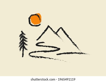 Hand drawn minimalistic outlined abstract mountains landscape. Mountains logo or icon or label or emblem or t-shirt design template. Vector illustration