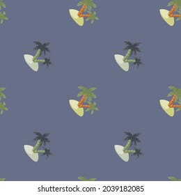Hand drawn minimalistic seamless pattern with palm tree and island silhouettes. Navy blue pastel background. Designed for fabric design, textile print, wrapping, cover. Vector illustration.