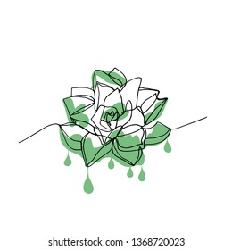 Hand drawn minimalistic succulent with dripping green pain, one single continuous black line simple drawing. isolated on white background. Stock vector illustration.
