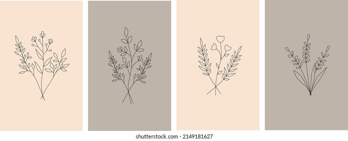 Flores vectoriales minimalistas dibujadas a mano y ramas. Afiches de moda con plantas en un fondo beige. Arte moderno lineal. Afiches botánicos al estilo boho. Ramos de flores en un estilo de línea
