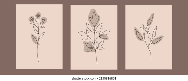 Flores vectoriales minimalistas dibujadas a mano y ramas. Afiches de moda con plantas en un fondo beige. Arte moderno lineal. Afiches botánicos al estilo boho.