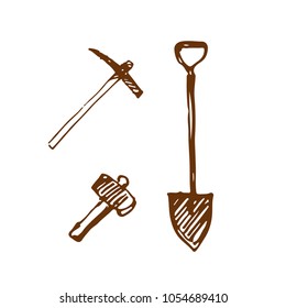 Hand drawn mining resources tools, shovel, pickaxe and sledgehammer. Sketch, vector illustration.