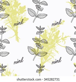 Hand drawn mint branch and handwritten sign. Spicy herbs seamless pattern with hand lettering seasoning title. Doodle kitchen background. Vector illustration