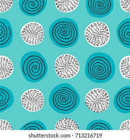 Hand drawn mint color seamless abstract pattern with rounds, scandinavian design style. Vector illustration