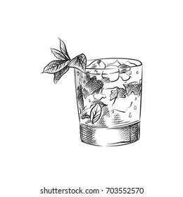 Hand Drawn Mint Julep Sketch Symbol. Vector Old Fashioned Element In Trendy Style.