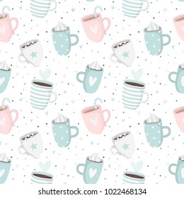 Hand drawn mint Valentine's Day romantic seamless pattern with cute cups, mugs, hearts, coffee, cocoa and more. Vector illustration background in pink and mint colors