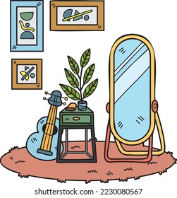 Espejo de mano con marco de imagen e ilustración de sala interior de guitarra aislada en segundo plano