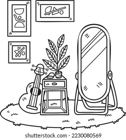 Hand Drawn Mirror with picture frame and guitar interior room illustration isolated on background